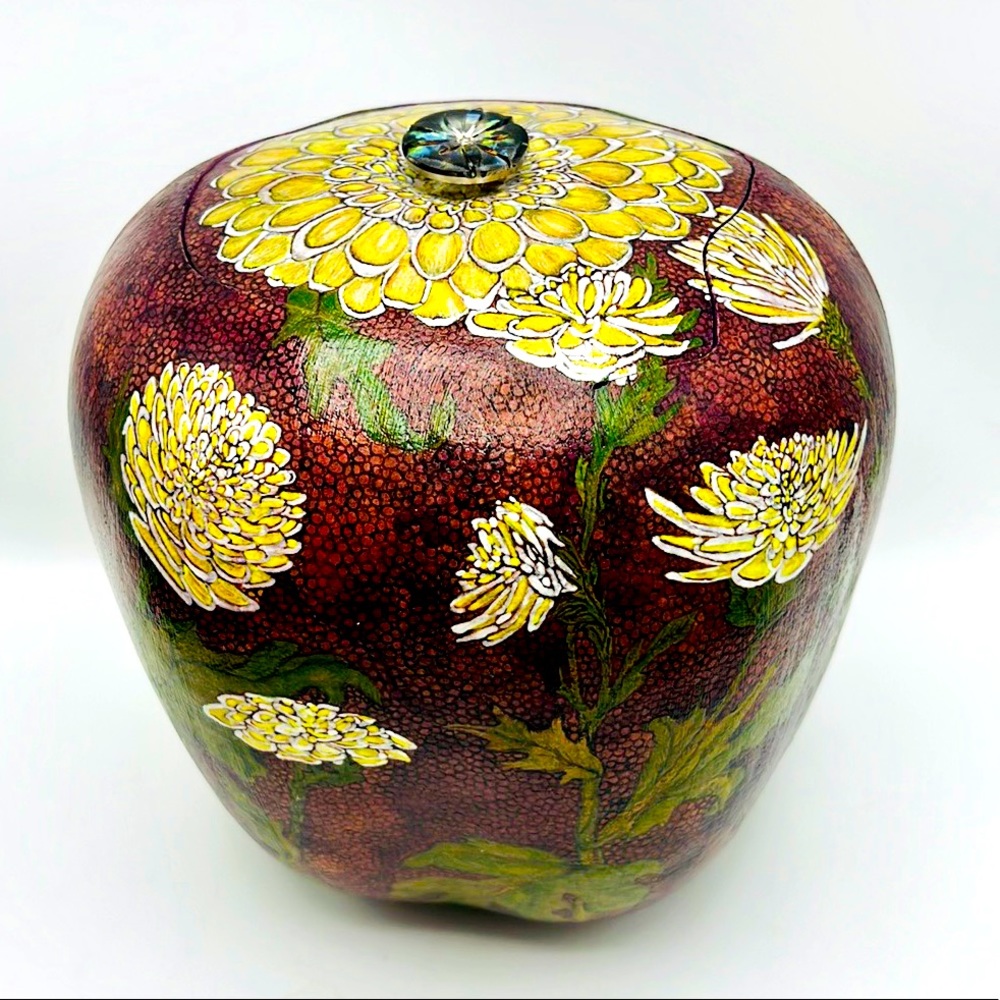 “ Garden Mums ” Hand Crafted Original Gourd Art Vessel Box with Lid.